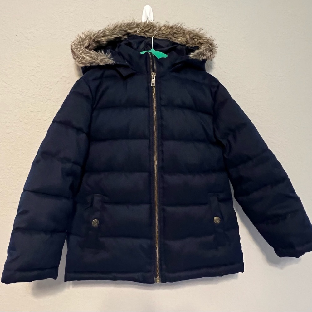 Janie and Jack Navy Blue Kids Puffer Jacket with Faux Fur Hood (5-6)